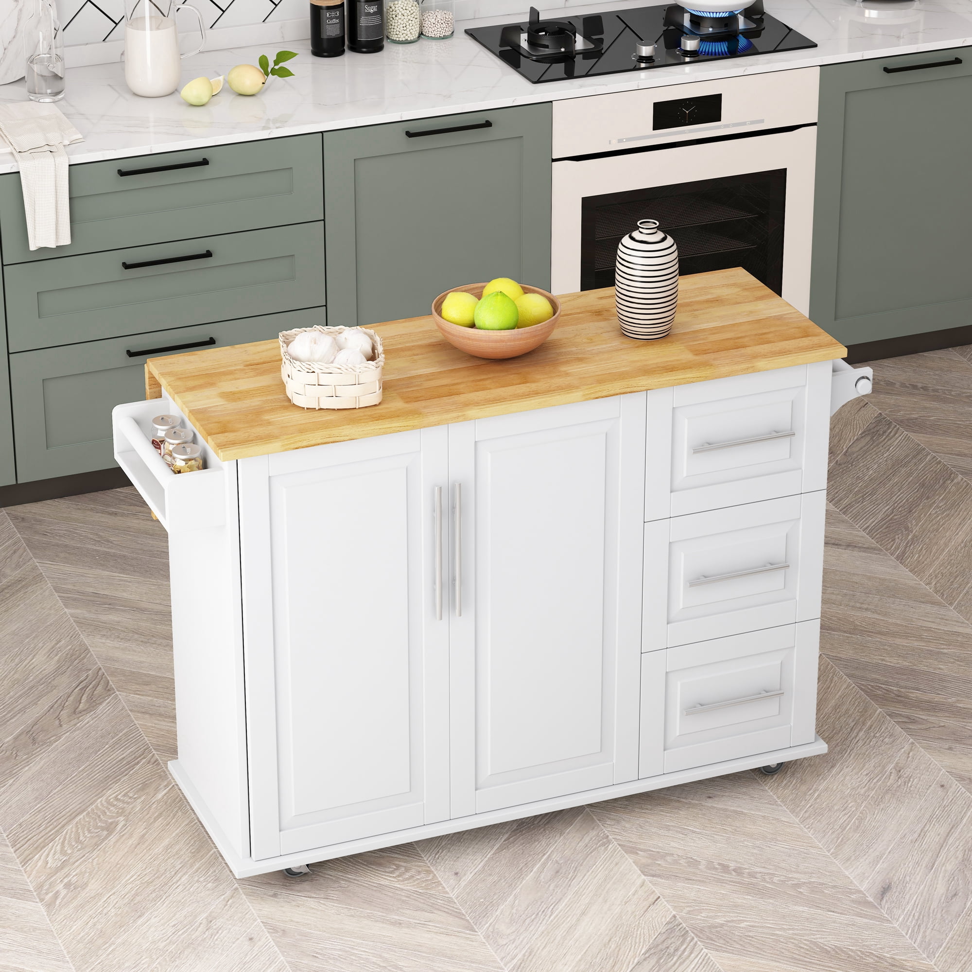 Kitchen Island Cart with 2 Door Cabinet and Three Drawers, 43.31 Inch Width with Spice Rack, Towel Rack