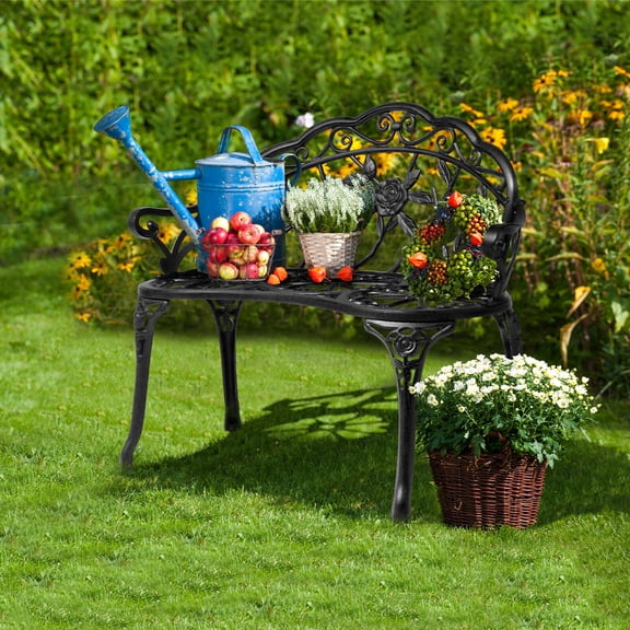 LINJH Outdoor Garden Bench Furniture Cast Aluminum Antique Rose Design School Park