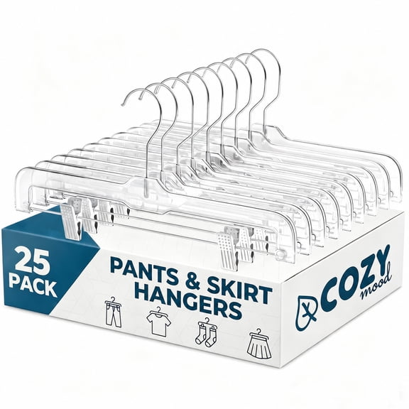 Cozymood Clear Pants Hangers 25 Pack, 14 Inch Plastic Skirt Hangers with Adjustable Non-Slip Clips for Jeans, Shorts, Trousers