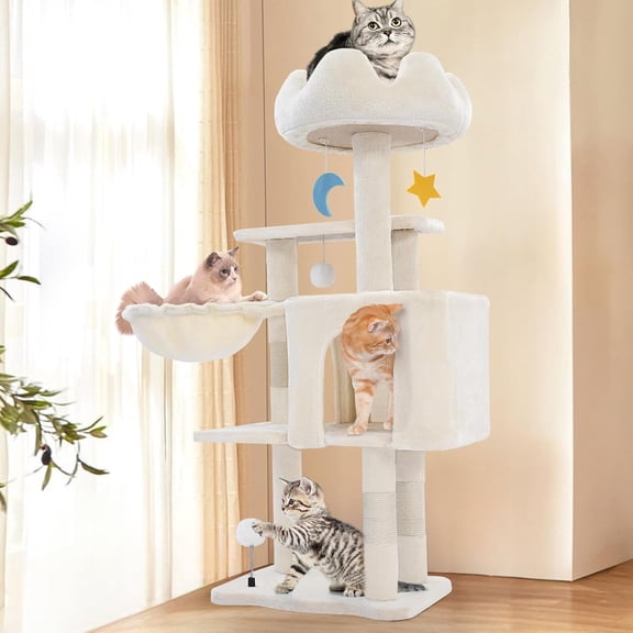 "40'' White Cat Tree Tower | Metal Frame Cloud Top Perch Hammock | Sisal Scratching Post Cat Condo | For Large Adult Cats & Kittens"