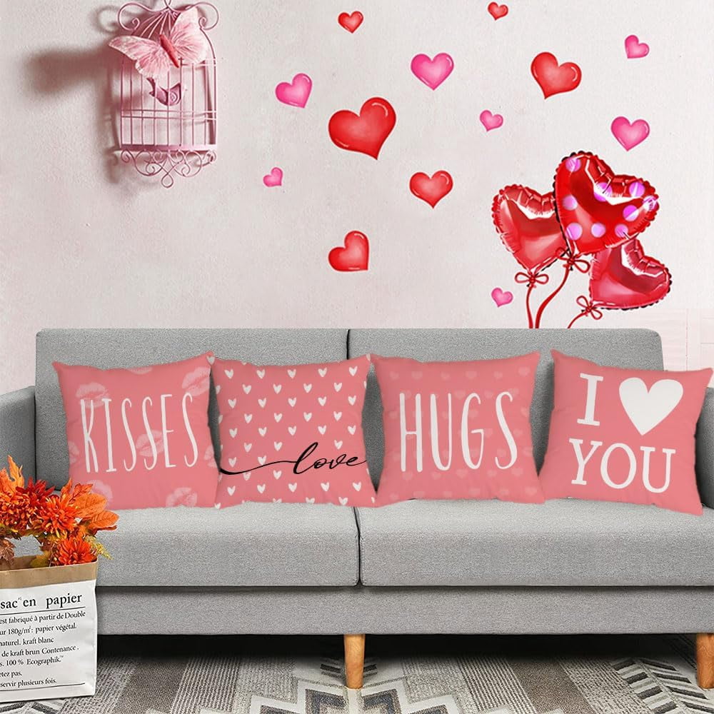 Happy Valentines Day Pillow Covers 22x22 Set of 4 Pink Love You Heart Velvet Throw Pillow Covers Wedding Anniversary Be Mine Pillow Cases Cushion Covers for Outdoor Couch Sofa Decoration(22 Inch)