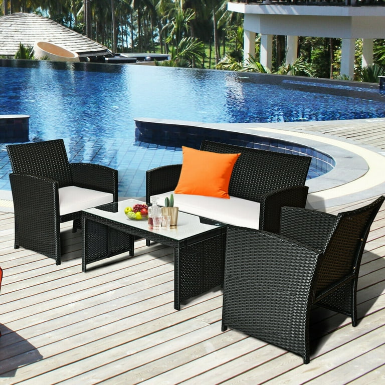 Costway 4 Piece Rattan Outdoor Conversation Set with Sofa and Coffee Table Black