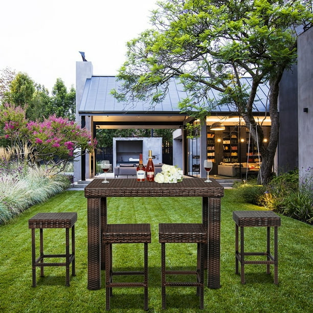 Enyopro Outdoor Bar Set Of 5 Patio Rattan Dining With Table And Stools Patio Rattan Bar Dining Set With Table, Outdoor Counter Height Table