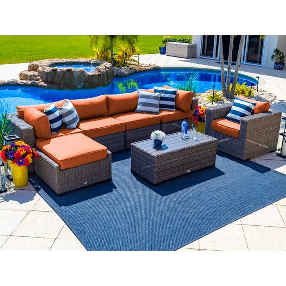 Tuscany 7 Piece Resin Wicker Outdoor Patio Furniture Sectional Sofa Set with Four Modular Sectional Pieces, Armchair, Ottoman, Coffee Table (Half-Round Gray Wicker, Sunbrella Canvas Tuscan)