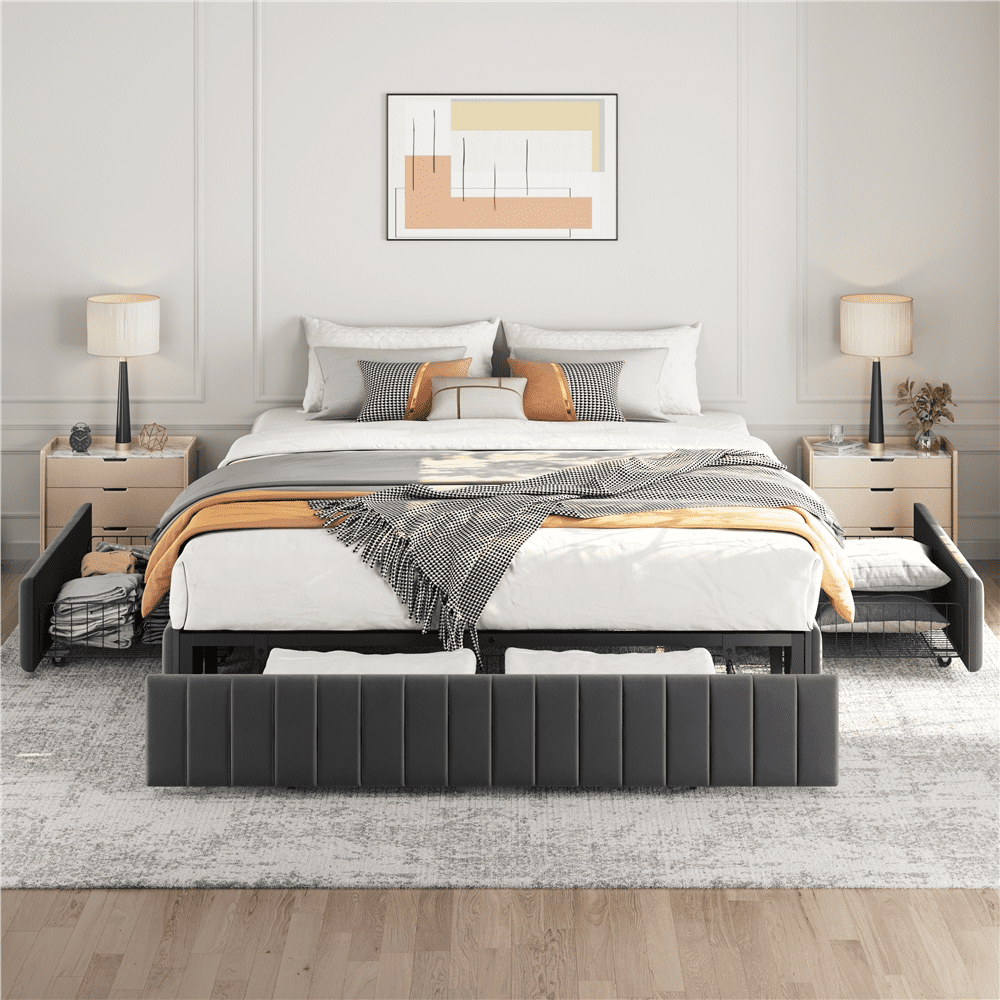 Fullfurnique Upholstered Platform Bed Frame with Three Storage Drawers, Full, Dark Gray