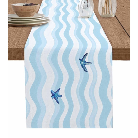 Hokiten Table Runners 60 Inches Long Dress Scarves, Blue White Striped Farmhouse Kitchen/Dining Table Runner, Small Coffee Tablerunners, Starfish Coastal Waves 13x60 Inch
