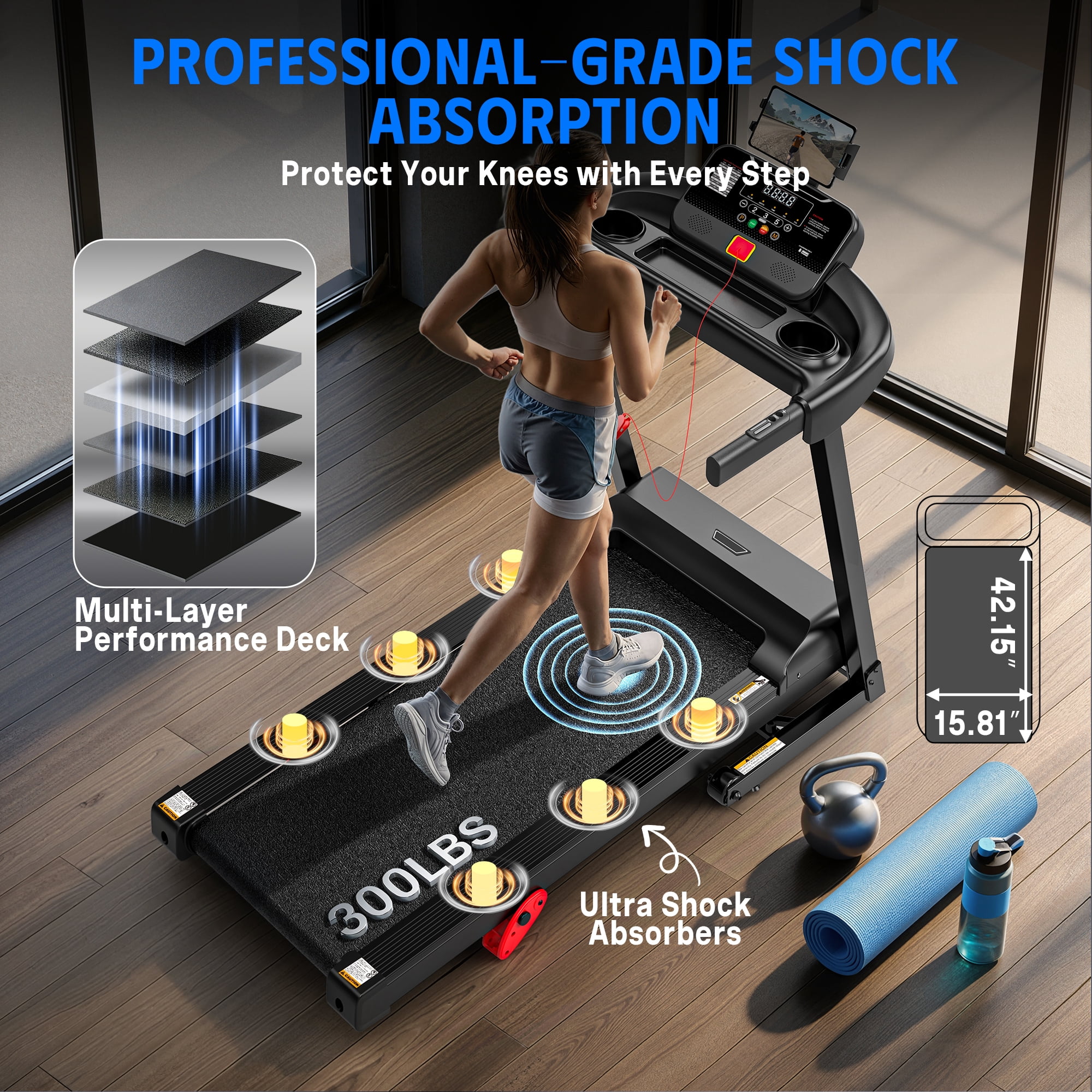 3HP Folding Treadmill with 3-Level Incline, 71 Programs, Bluetooth App Control, Shock Absorbing Running Deck, 300 lb Capacity, Foldable Running Machine for Walking, Jogging, Running and Home Fitness