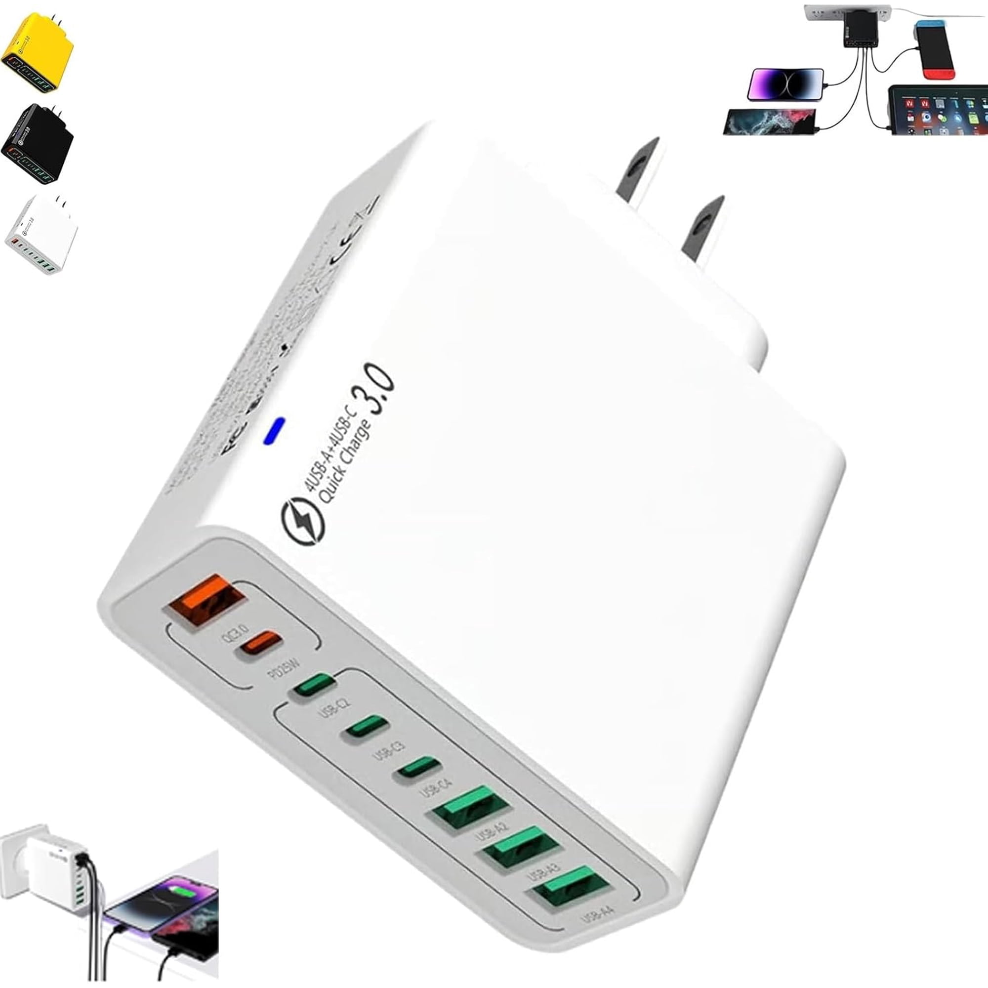 8-in-1 Waterproof USB Fast Charger – 4 USB-C & 4 USB-A Ports, Smart Fast Charging Hub for Multiple Devices, Compact Travel Phone Charger for Home Office & Outdoor
