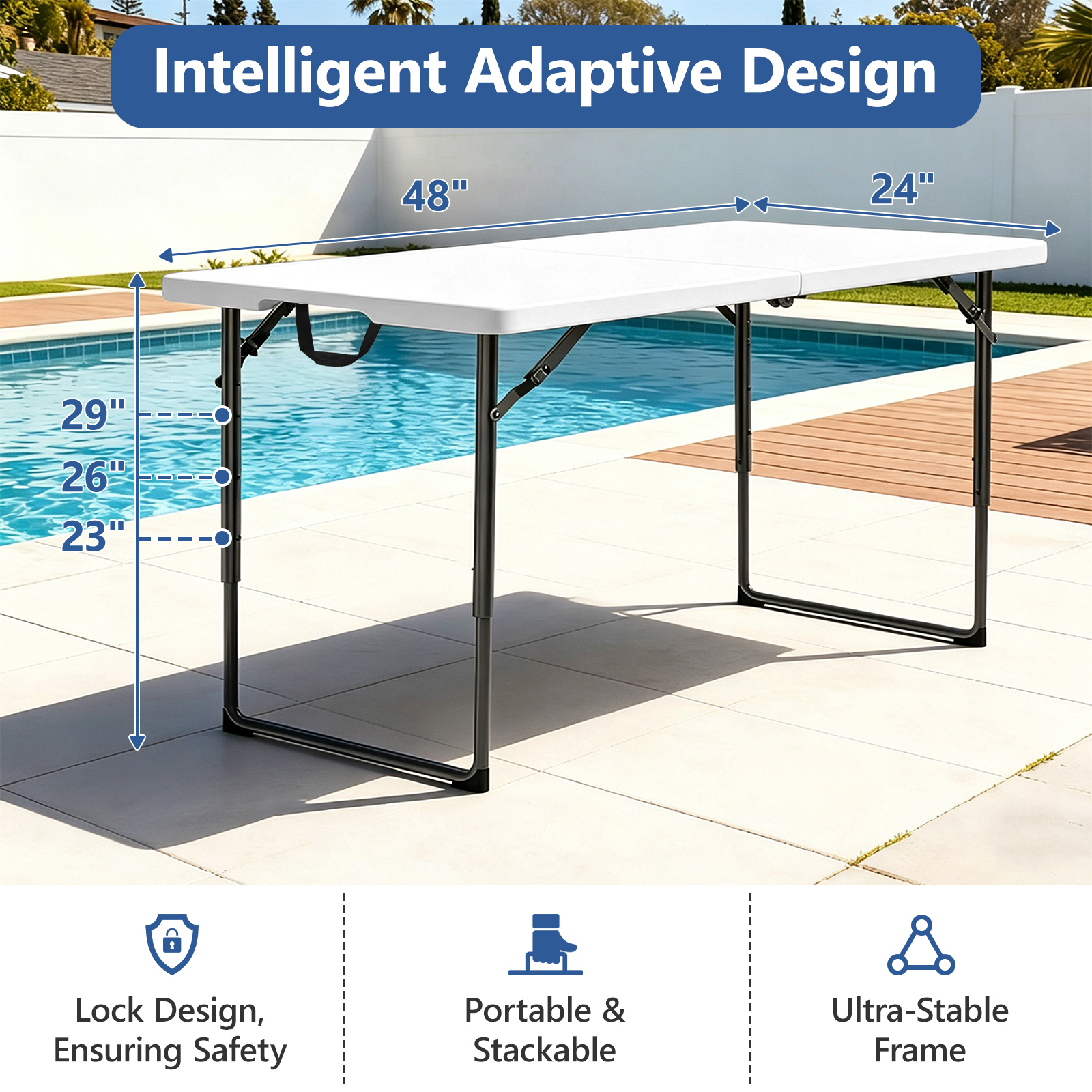 HaiCube 4 ft. Adjustable Height Folding Table, White photo 3
