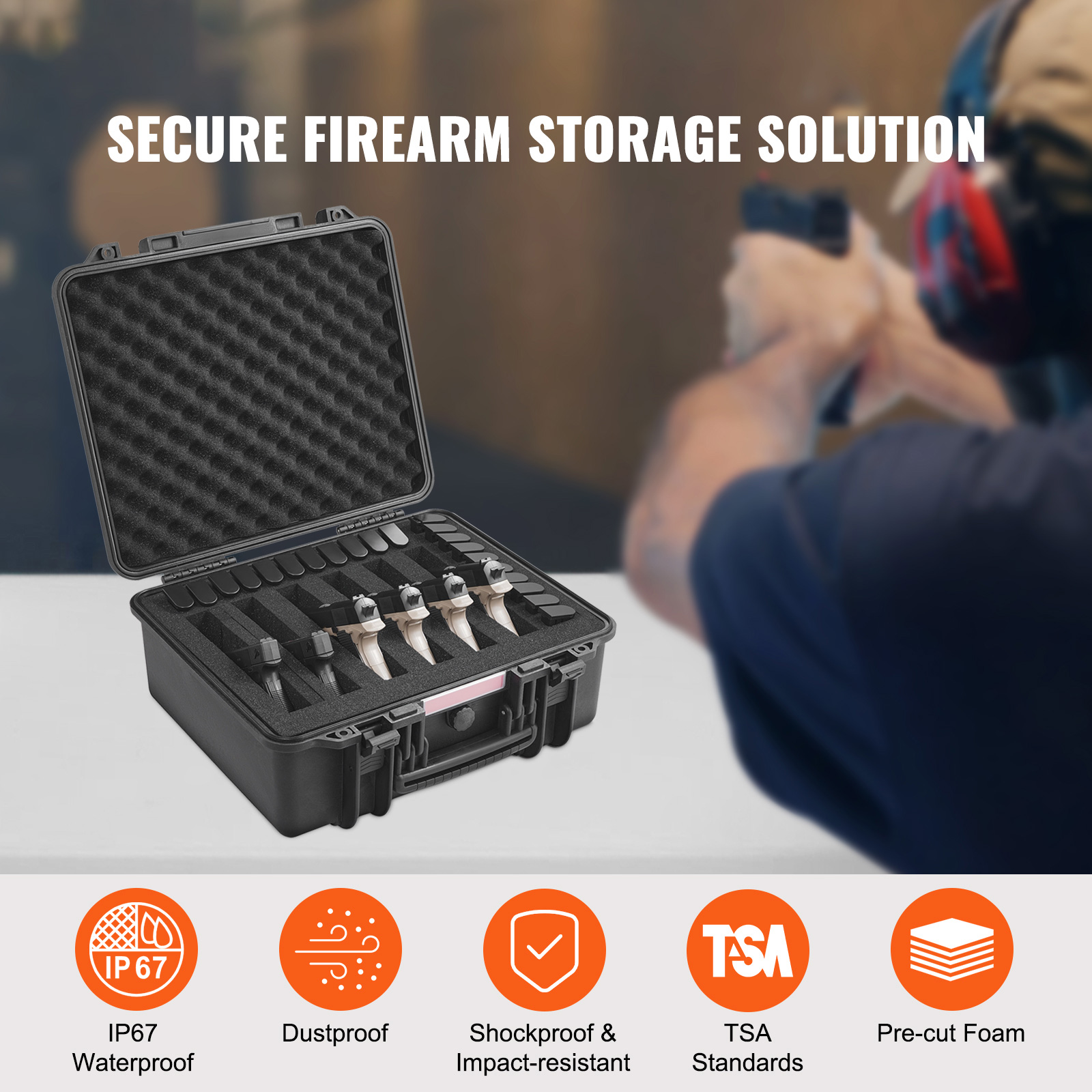 SKYSHALO Durable Pistol Containers with Customizable Foam Inserts, Water-Resistant & Secure Hard Handgun Case for Six Pistols, Dimensions 19.3x17.1x8.3 Inches, Features Lock Mechanism, Color: Black