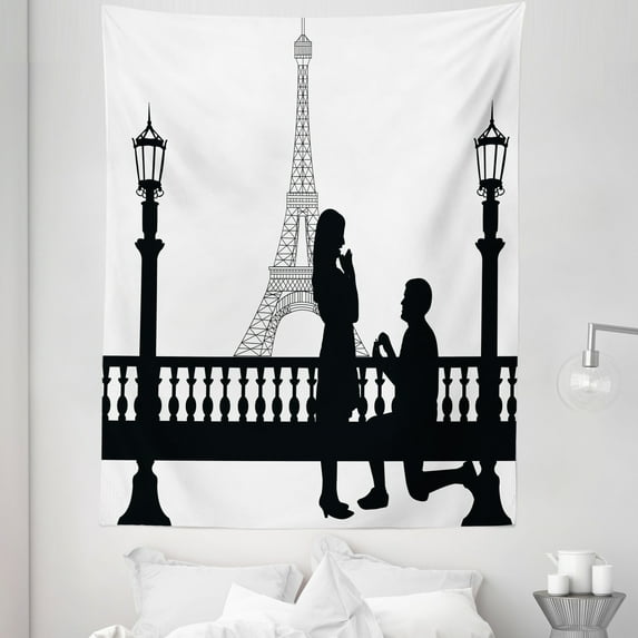 Black White Tapestry, Paris Lovers City Wedding Proposal for Future Image Happiness, Fabric Wall Hanging Decor for Bedroom Living Room Dorm, 5 Sizes, Black and White, by Ambesonne