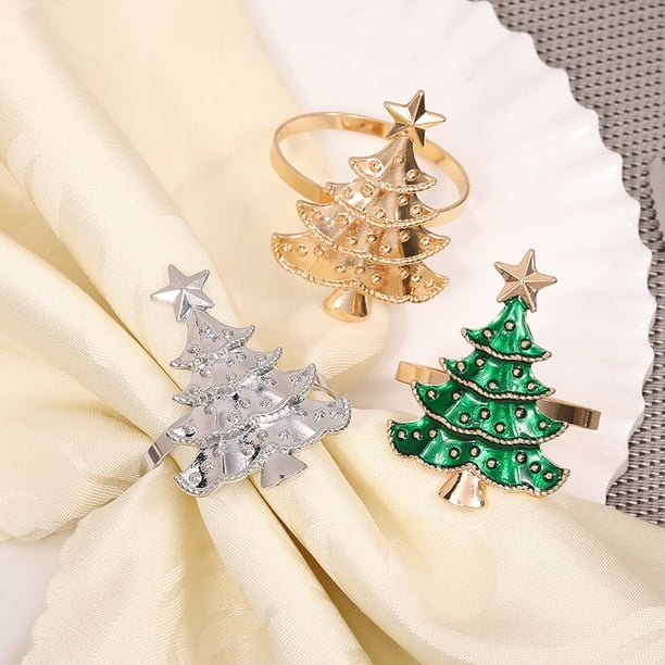 Servilletas de árbol de Navidad - vajilla de metal de aleación, plata verde dorada, decoración festiva para comedor, 1,96x1,77x1,18 pulgadas