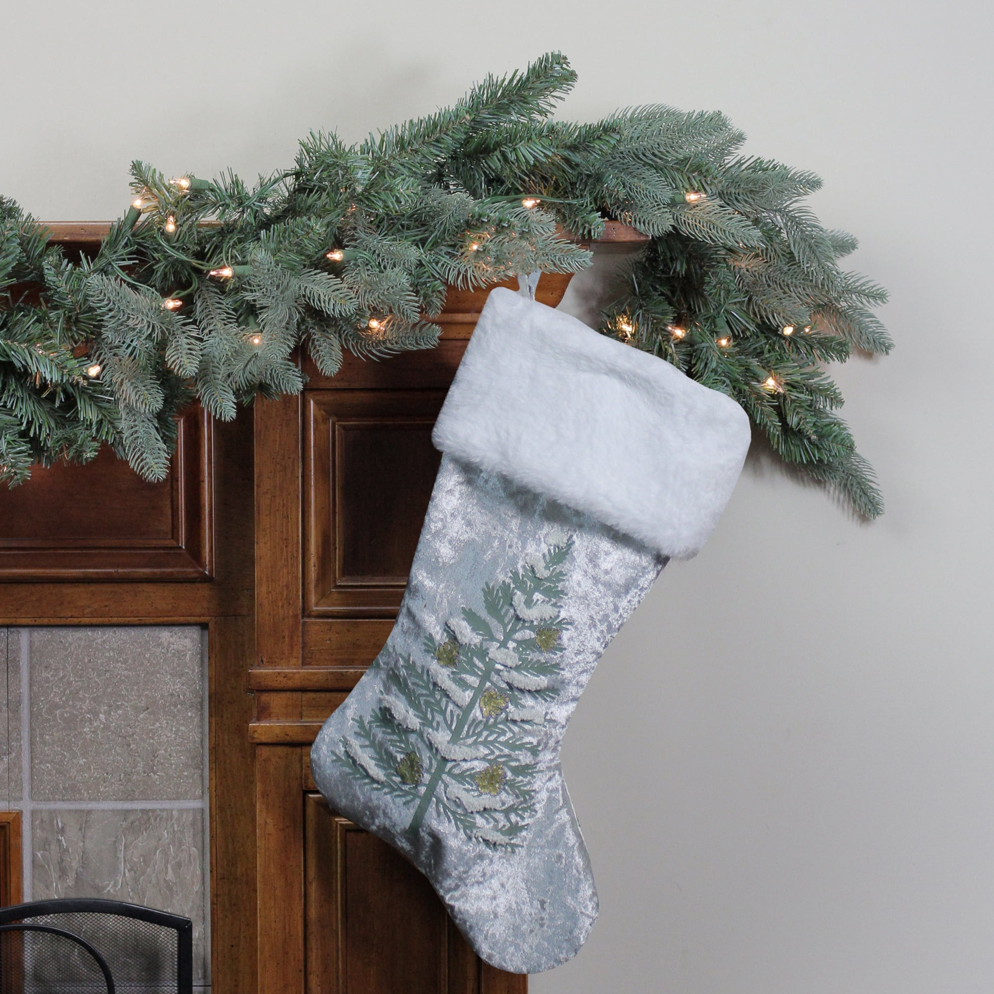 19.5" Snow Covered Green Tree Gray Christmas Stocking with White Cuff