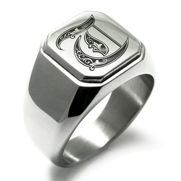 Stainless Steel Letter T Initial Royal Monogram Engraved Engraved Square Flat Top Biker Style Polished Signet Ring