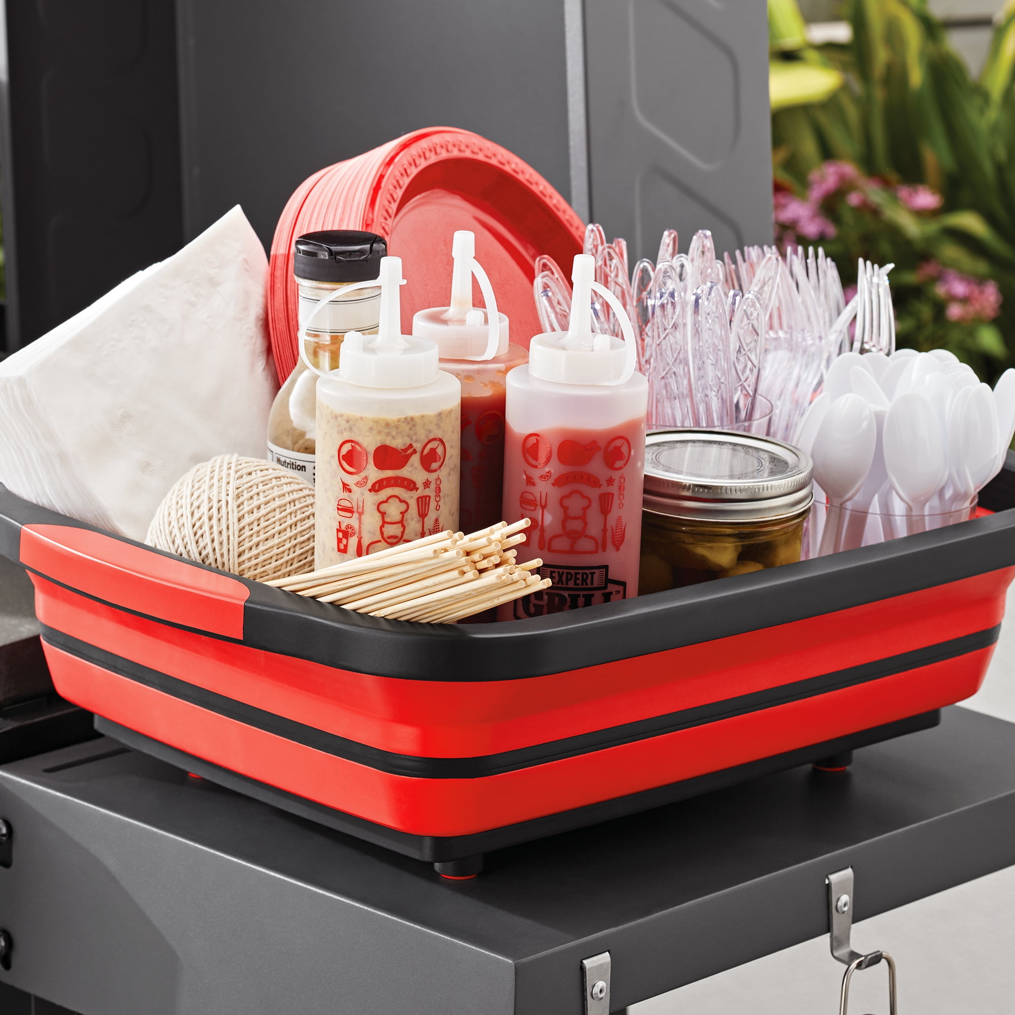 Expert Grill Collapsible Caddy and Cutting Board, Dishwasher Safe Plastic, Black and Red