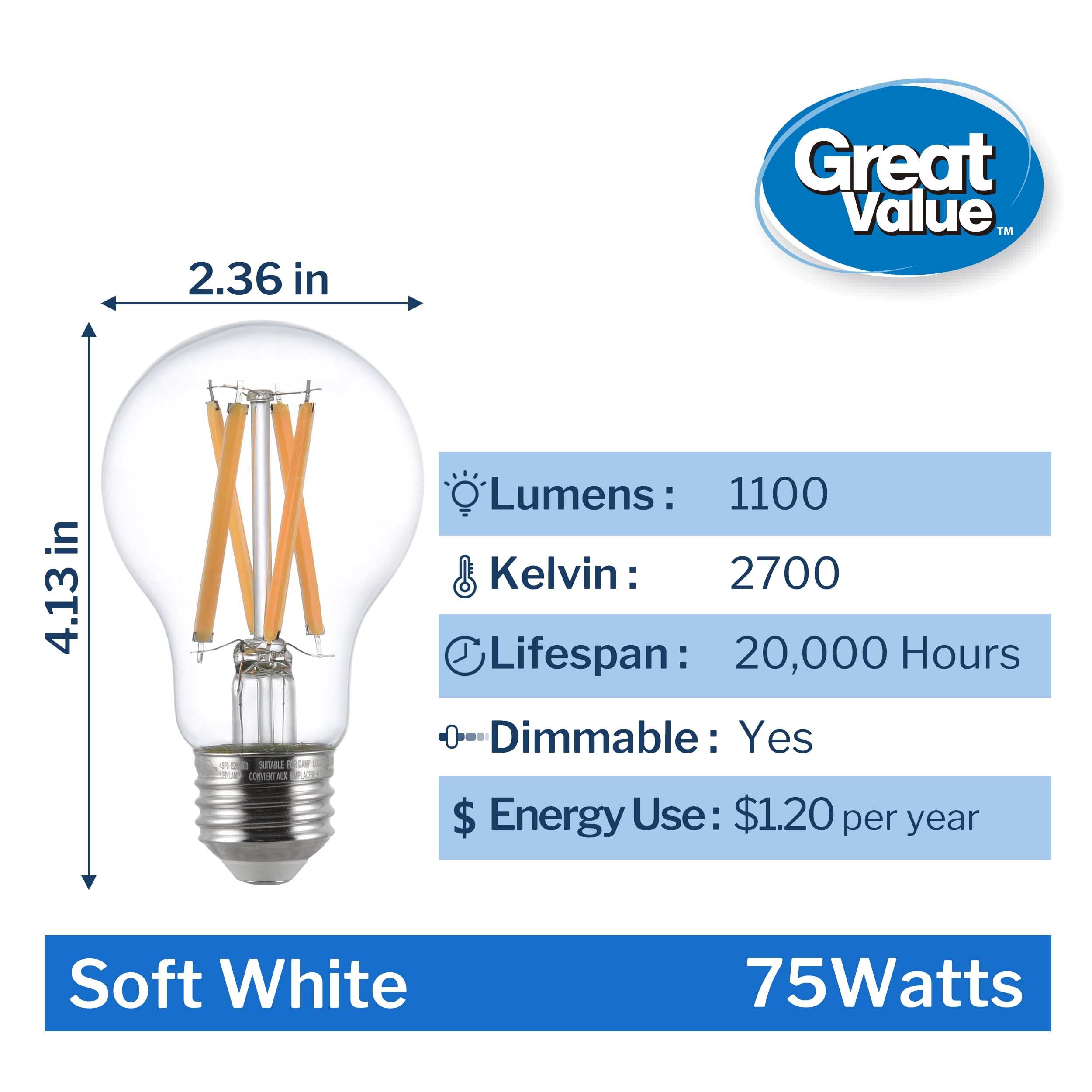 Great Value A19 LED 10W (75W Equivalent) Soft White E26 Medium Base Light Bulbs, Dimmable, 4 Pack
