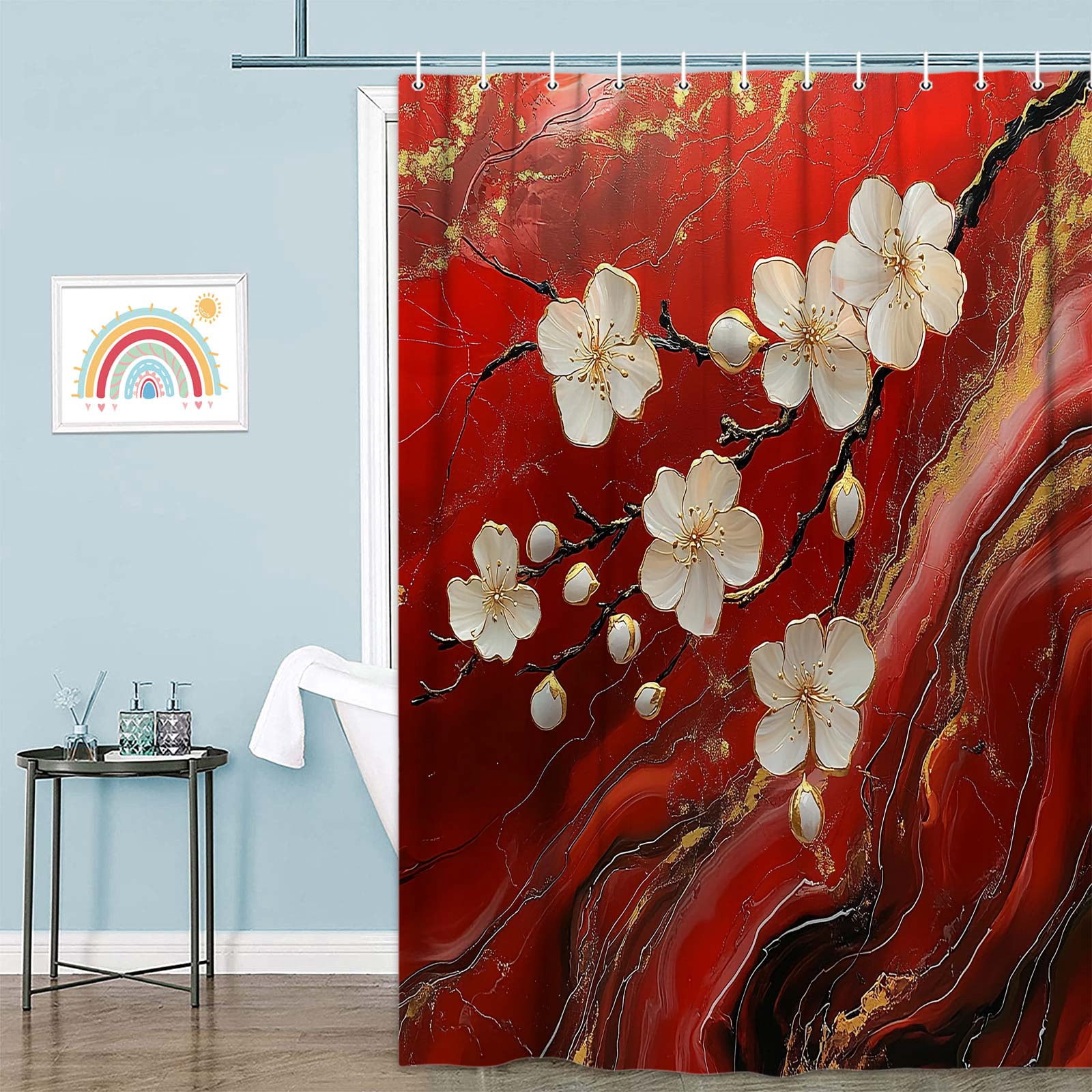 Red Shower Curtain, Abstract Red Marble 3D Floral Modern Luxury Shower Curtain Set for Bathroom, Waterproof Fabric Marble Bath Curtains with Hooks,72X72IN