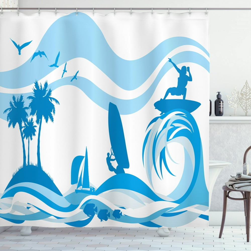 Aquatic Shower Curtain, Surfer on Waves Water Sports Recreation Palms ...