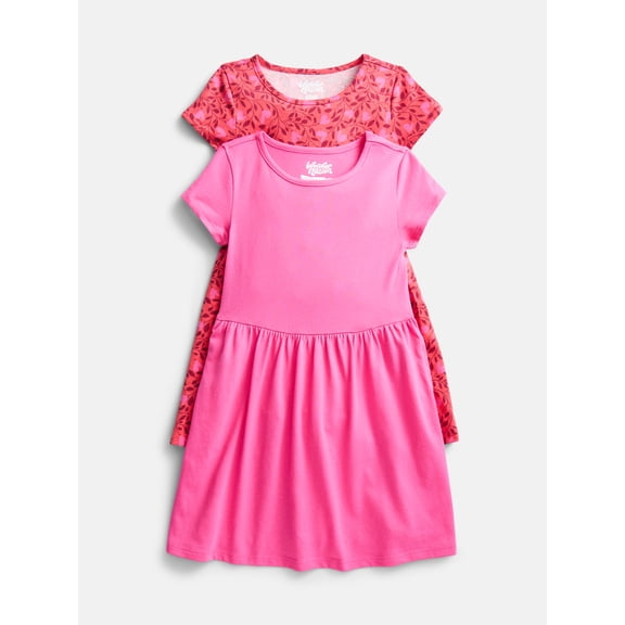 Wonder Nation Little Girls and Big Girls Play Dress with Short Sleeves, 2 Pack, Sizes XS-XXL