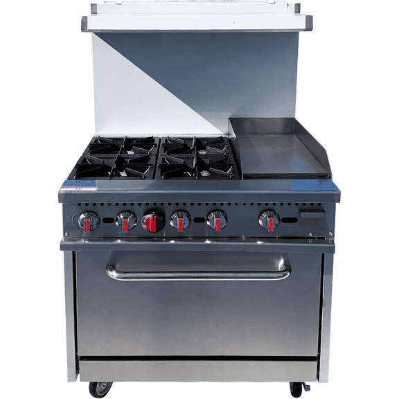 36” Commercial Gas Range with 4 Burners, 12” Griddle & Standard Oven – 170,000 BTU, Stainless Steel, NSF Certified