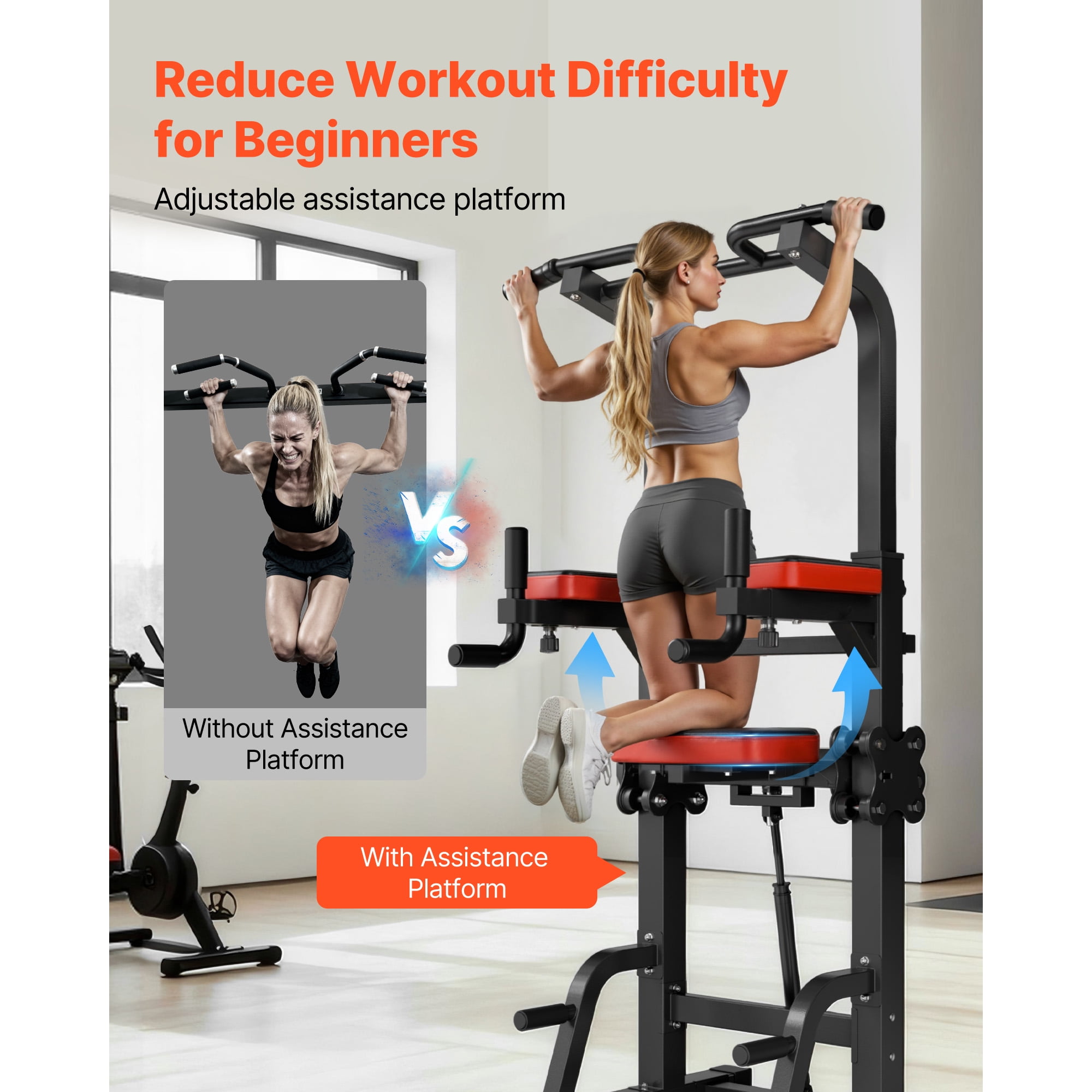 KFFKFF Pull Up Bar, 330 LBS Capacity Power Tower Dip Station, Fitness Dip Station with Stable H-Shaped Base & Support Platform, 9-Level Adjustable