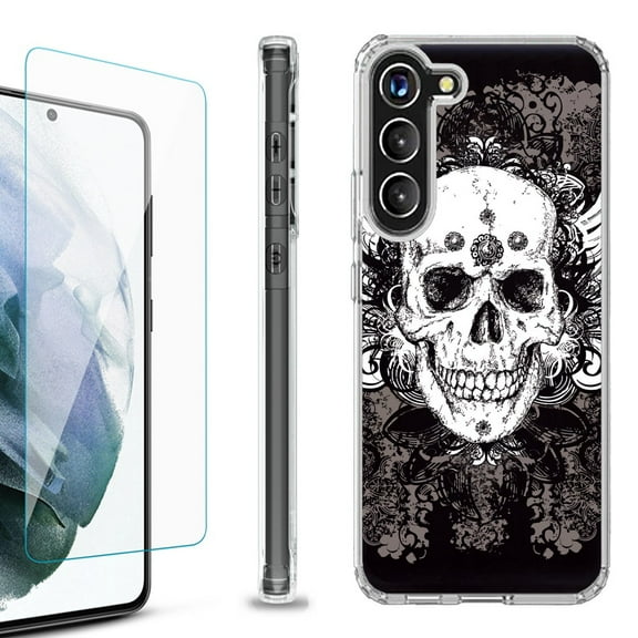 Shockproof Bumper Phone Case for Samsung Galaxy S23 5G, with Tempered Glass Screen Protector, by OneToughShield ® - Grunge Skull