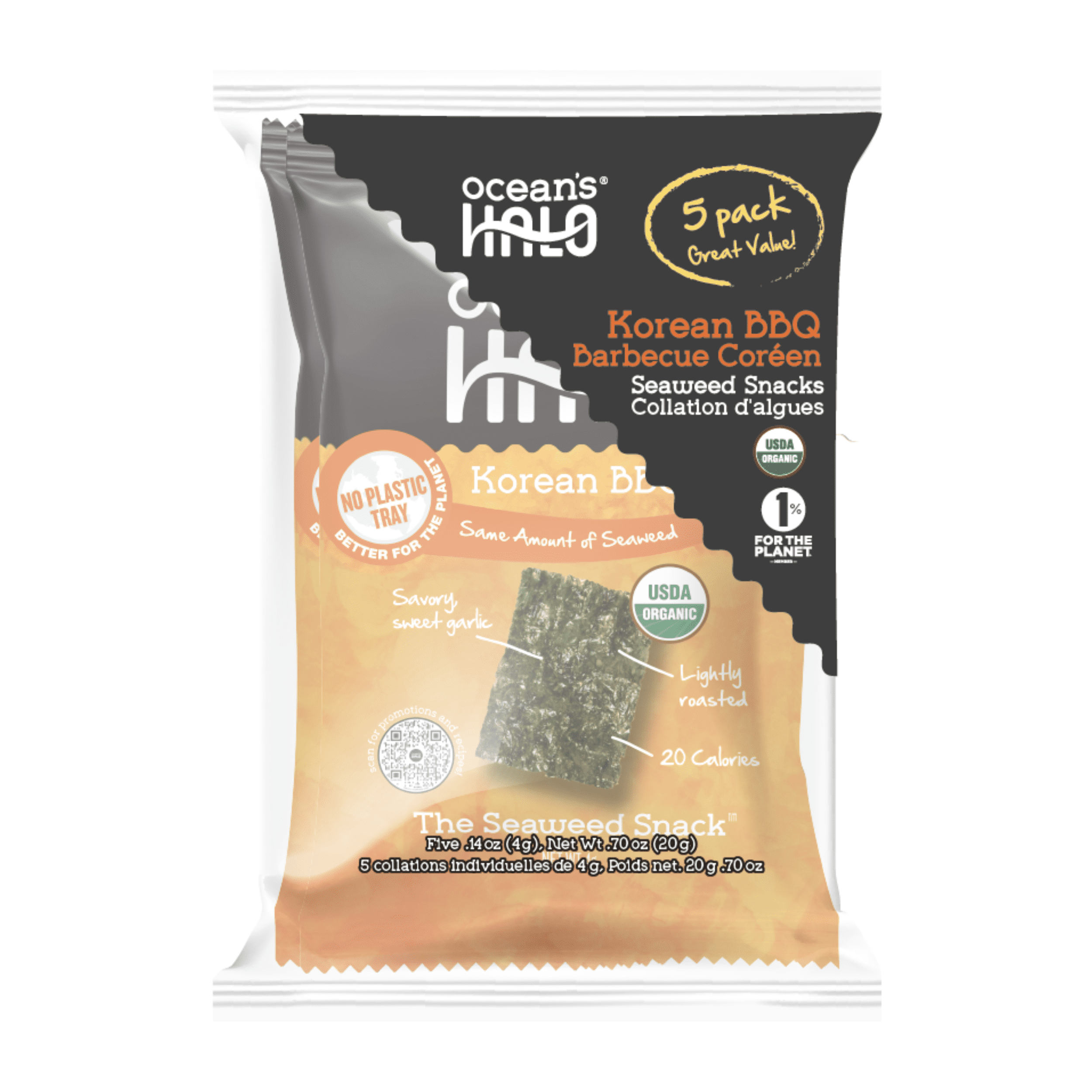 Ocean's Halo Organic 5-pack Korean BBQ Seaweed Snack, Trayless Crispy Nori Snack, 4g Each, OCEAN'S HALO ORG KRN BBQ SEAWEED SNCK