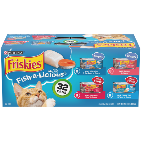 (32 Pack) Friskies Wet Cat Food Variety Pack, Fish-A-Licious Shreds, Prime Filets