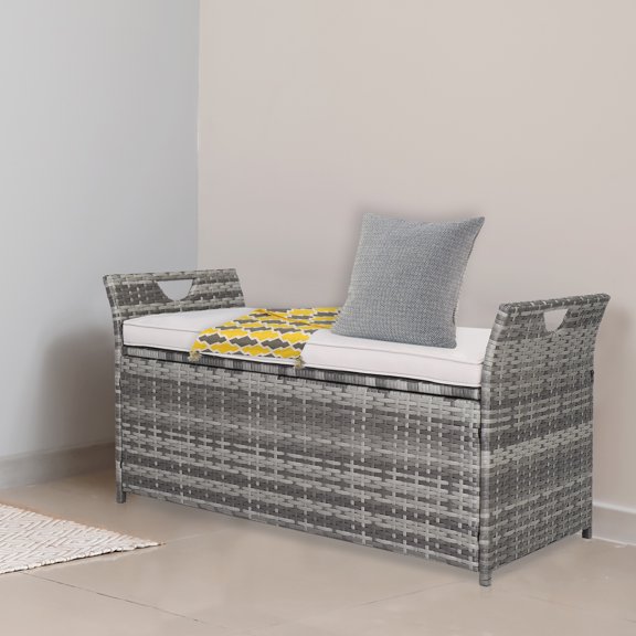 UBesGoo 33 Gallon 2 in 1 Rattan Storage Box, Deck Box, Wicker Bench with Cushion, Grey Rattan and Beige Cushion