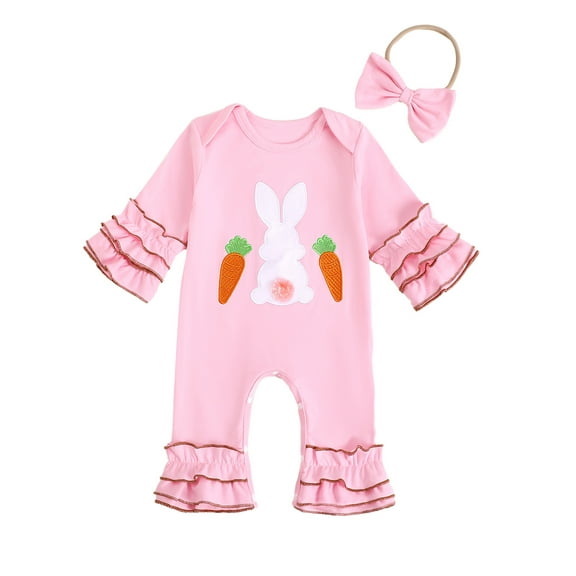 aturustex Toddler Girls Easter Jumpsuits 0 3M 6M 12M 18M Infant Baby Ruffled Long Sleeve Rompers Bunny/Letter Embroidery Bodysuits Pants Crewneck Jumply Spring Fall Clothes for Holiday Party