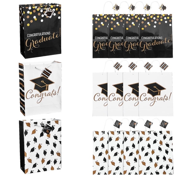Fun Express 10" x 13" Large Black & Gold Graduation Paper Gift Bags with Tag - 12 Pc.