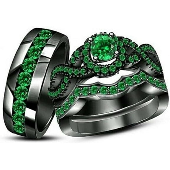 beryl_creation 925 Sterling Silver 1.60 Ct Round Cut Green Emerald Wedding Engagement Trio Ring Set 14K Black Gold Plated For Unisex -10