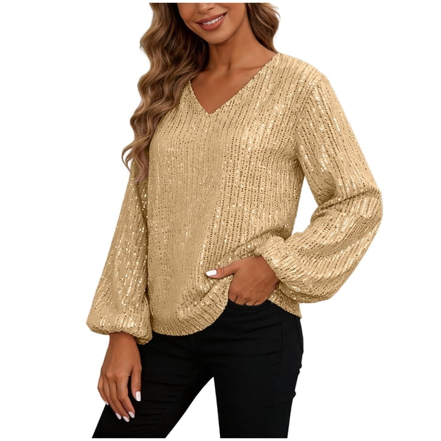 DXOUPM Women's Long Sleeve Shirts V Neck Sequined Shirt Work Clothes Versatile Daily Wear