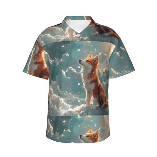 Balery Starry Sky Cloud Fox Camisas hawaianas de manga corta para hombre, camisas playeras de corte holgado, camisas de vacaciones con botones,Large