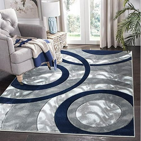 Glory Rugs Area Rug 8x10 Navy Circles Geometry Soft Hand Carved Contemporary Floor Carpet Fluffy Texture for Indoor Living Dining Room and Bedroom Area