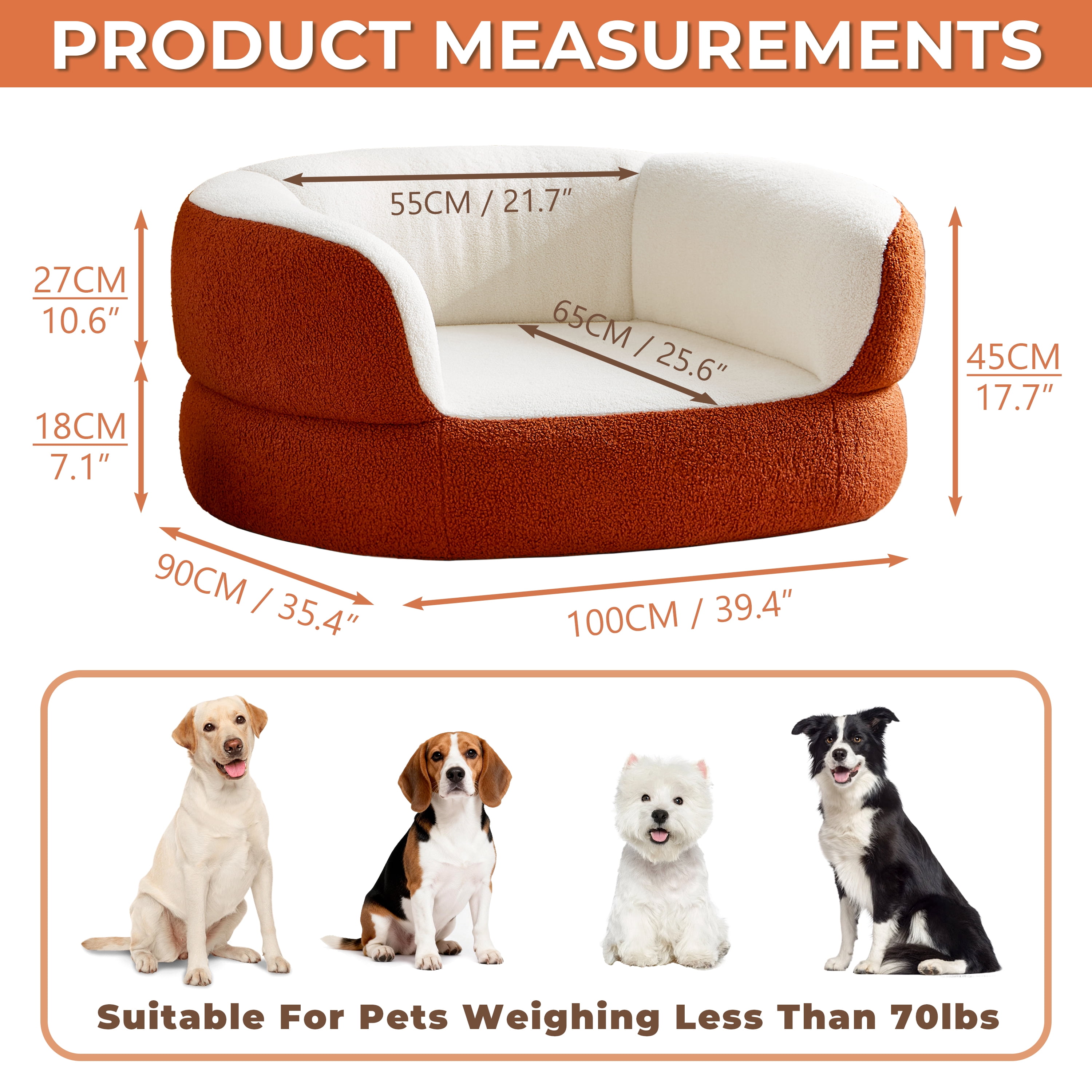 39.4" No Assembly Required Dog Couch Bed, Furniture Style Orthopedic Doggy Chaise with Foam for Dogs up to 75lbs, Round Faux Shearling Pet Sofa Bed with Removable Leather Mat for Living Room Bedroom