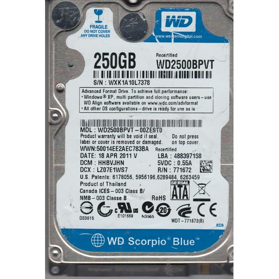 WD2500BPVT-00ZEST0, DCM HHBVJHN, Western Digital 250GB SATA 2.5 Hard Drive