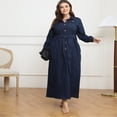 thumbnail image 2 of AURA Plus Size Winter Washed Denim Midi Dress Long Sleeve Belted A Line Casual Style, 2 of 6