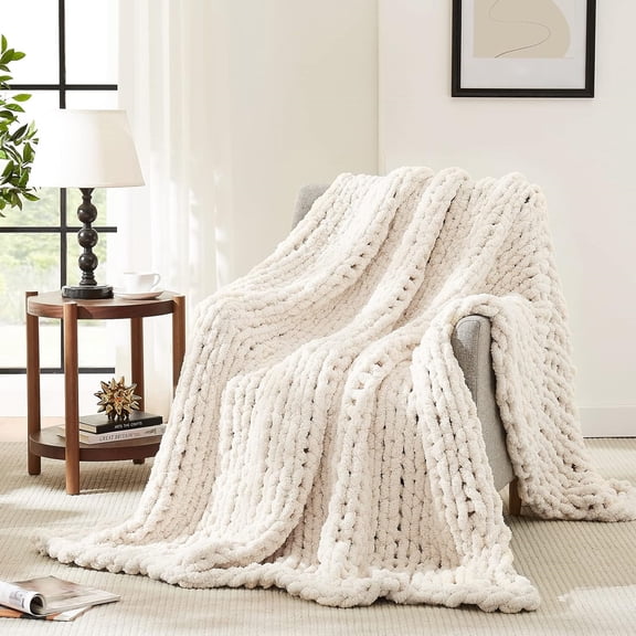 Chunky Knit Blanket Throw,Soft Chenille Yarn Throw 50x60,Handmade Thick Cable Knit Crochet Blanket, Large Rope Knot Throw Blanket for Couch Home Decor