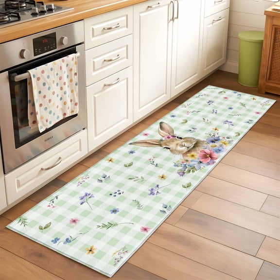 Runner Rug 2 x 6 Ft, Bunny Easter Washable Non-Slip Floor Mat for Kitchen Hallway/Entryway, Green Plaid Spring Floral Pastoral Long Kitchen Runner Area Rugs for Living Room, Low-Profile