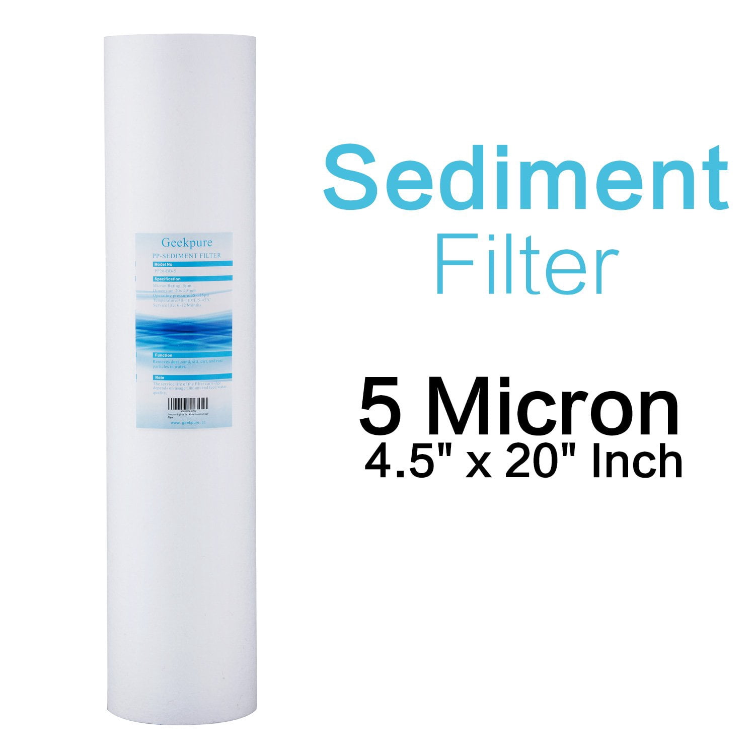 Geekpure 20-Inch PP Polypropylene Sediment Filter Cartridge for Whole House Water Filter System-4.5" x 20"-5 Micron