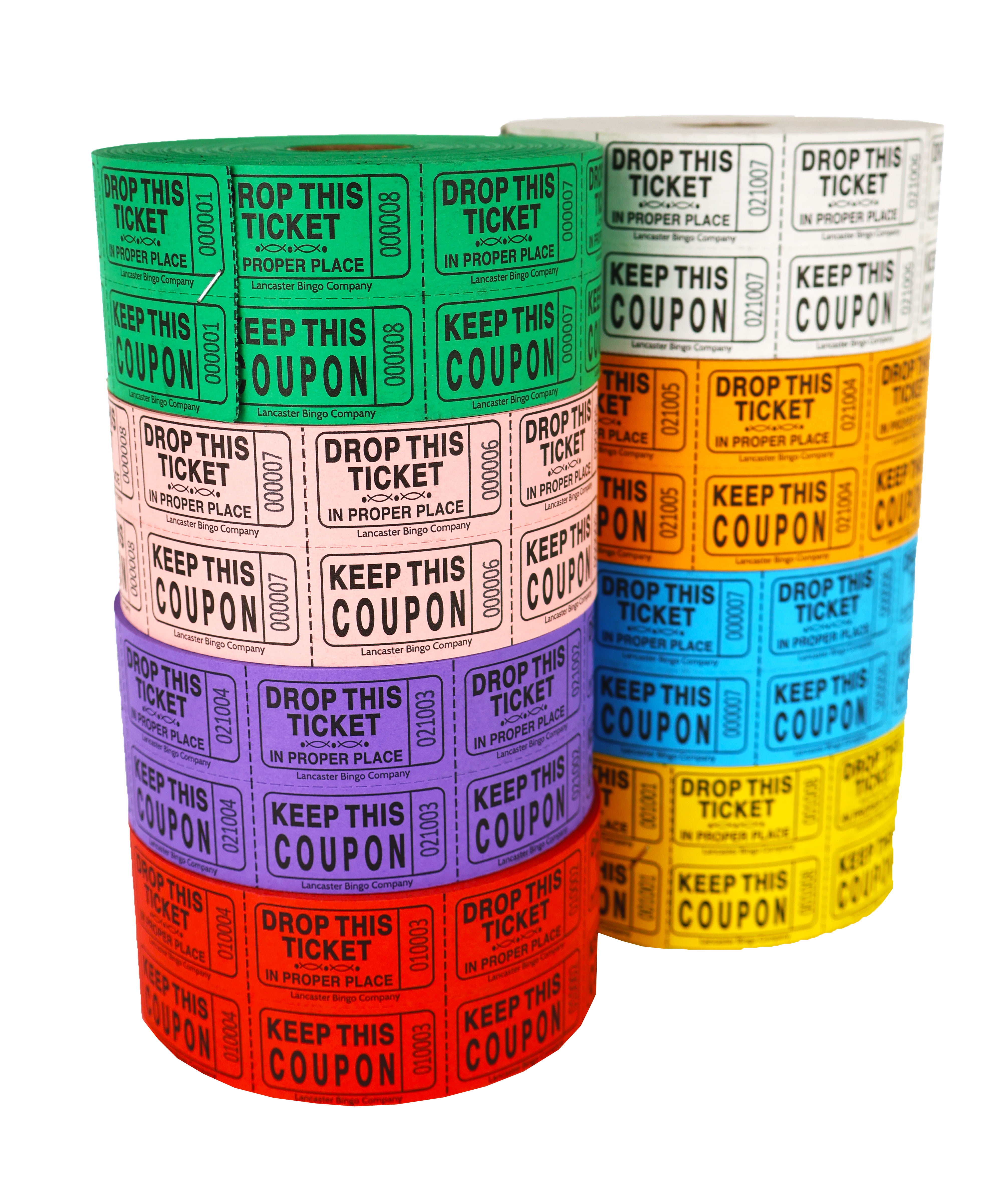 Double Row Roll Ticket 1,000 Consecutively Numbered, Perforated Keep This Coupon Ticket Roll 4 Pack Assorted Colors