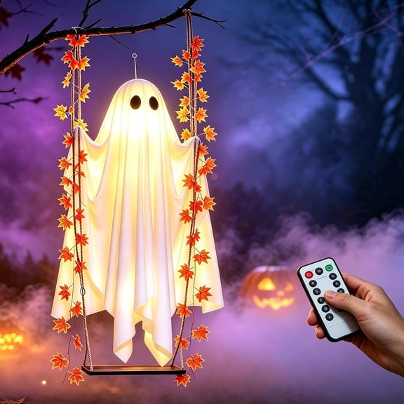 Swinging Ghost Halloween Decoration, LED Swinging Ghost with Remote, Light up Spooky Yard Decor, Hanging Outdoor Decor for Yd, Porch & Party