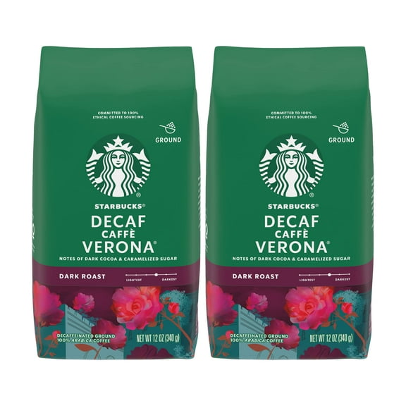 Starbucks Decaf Ground Coffee, Caffè Verona, Dark Roast Decaffeinated Ground 100% Arabica Coffee, Notes Of Dark Cocoa & Caramelized Sugar, 12-Ounce Bag (Pack Of 2) Packaging May Vary