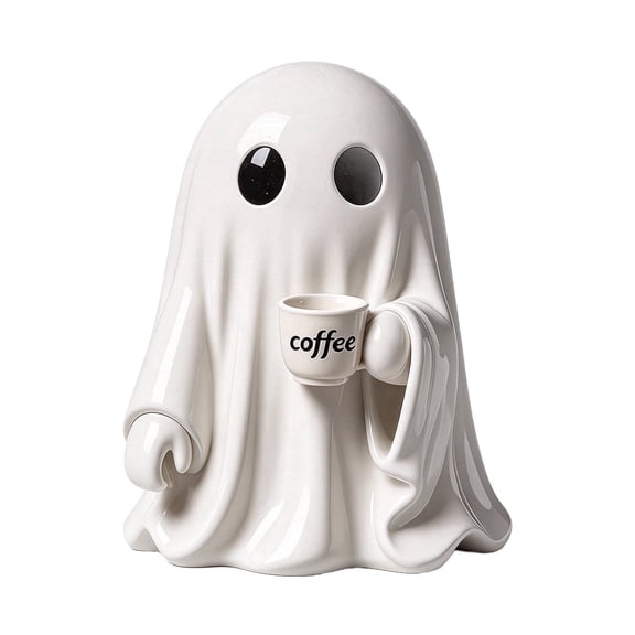 Cute Halloween Ghost Figurine, White Ghost Statue with Coffee Cup Design, Funny Tabletop Decor for Home, Shelf, Desk, Party and Holiday Decoration