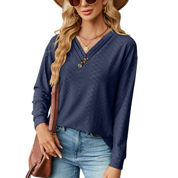 Anbech Vneck Women Solid Color Shirt Buttons Long Sleeve Blouse Casual Fashion Tops