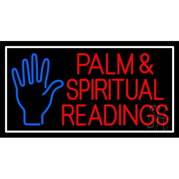 Red Palm And Spiritual Readings White Border LED Neon Sign 20" Tall x 37" Wide - inches Black Square Cut Acrylic Backing, with Dimmer - Bright and Premium built indoor LED Neon Sign for Storefront.