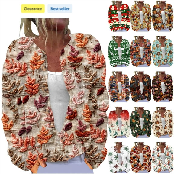QATAINLAV Thanksgiving Knit Sweater Women Novelty 3D Print Button Down Cardigans Long Sleeve Lightweight Open Front Outerwear Jacket, Blue, M