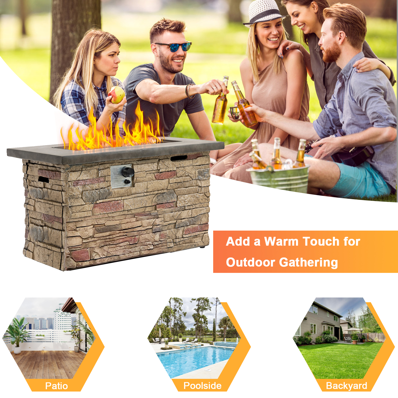 42" Propane Gas Fire Pit Table, 50000 BTU Rectangular Concrete Fire Pit for Outside Patio Deck Garden Backyard