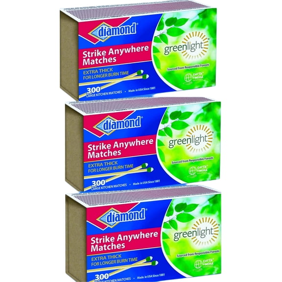 Diamond Green Light Strike Anywhere 300ct Matches 3 Pcks